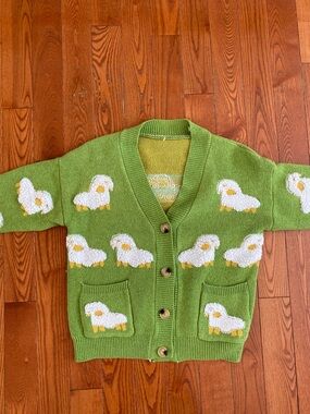 Green Lamb Motif Women's Cardigan Sweater